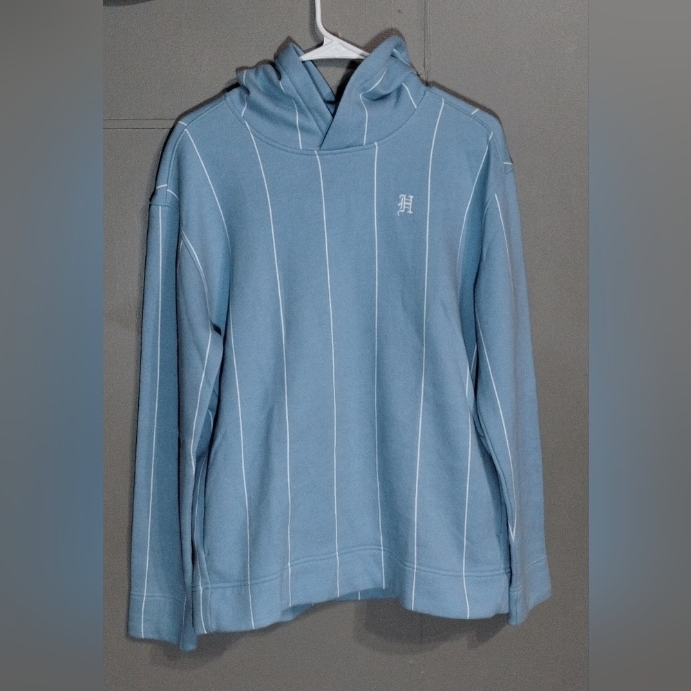 Hollister Men's Light Blue Striped Hoodie Sweater Size (S)